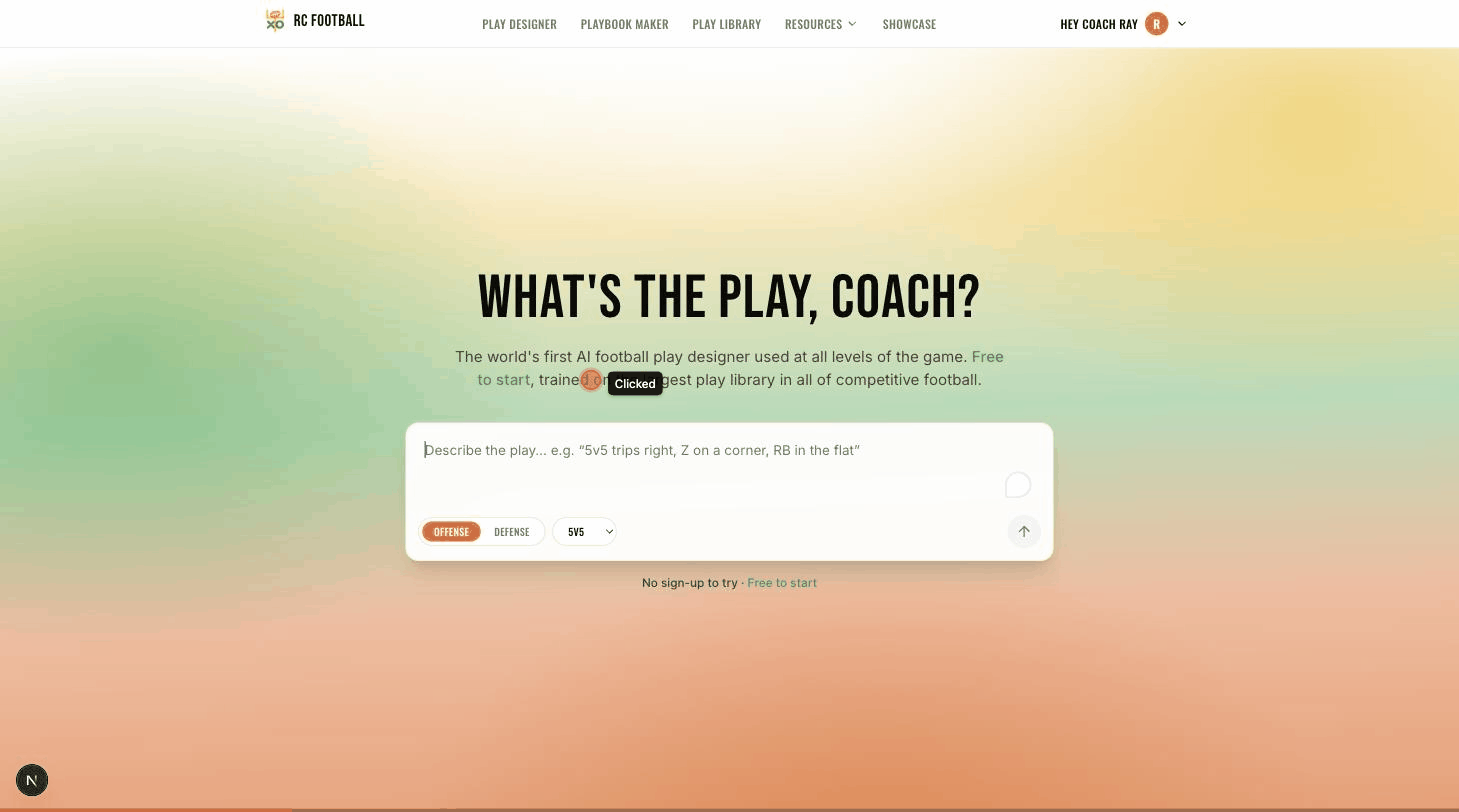 Typing a play in plain English on the home screen, then the AI drawing it on the field in the designer.